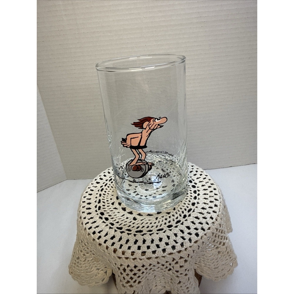 Johnny Hart 1981 Arby's BC Ice Age Caveman Thor & Wheel Cartoon  Swirl Glass